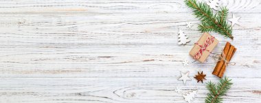 Noel arka plan kopya alanı, üstten görünüm ile. tatil kavramı üzerinde ahşap masa tasarımı için.