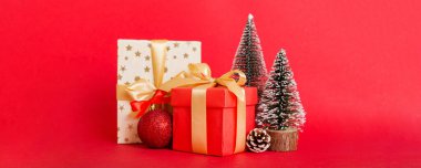 Christmas composition. craft Gift box, small tree, branches and craft DIY decorations on white background. New year concept. Christmas home decoration Flat lay, top view, copy space.