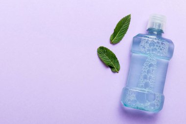 Ağız gargarası ve renkli arkaplanda taze nane, metin için kopya alanı olan üst görünüm.