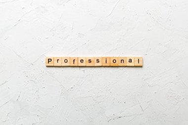 Ahşap bloğa yazılmış profesyonel bir kelime. Desing, konsept için çimento masadaki profesyonel metin.