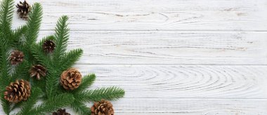 Reklam metinleri için fotokopi alanı olan bir Noel tatili. Firavun dalları ve arka planda çam kozalakları. Düz yatış, üst görünüm.