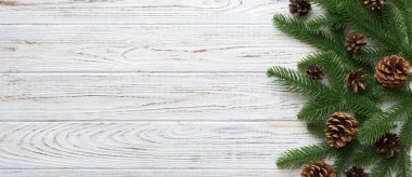 Reklam metinleri için fotokopi alanı olan bir Noel tatili. Firavun dalları ve arka planda çam kozalakları. Düz yatış, üst görünüm.