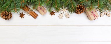 Noel arka plan kopya alanı, üstten görünüm ile. tatil kavramı üzerinde ahşap masa tasarımı için.