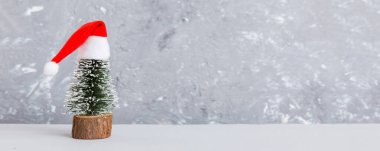 One small Christmas tree with santa hat on colored background. new year decoration with copy space.