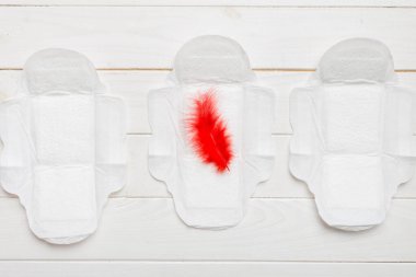 Kadın hijyen ürünleri ya da arka planda kırmızı tüy olan hijyenik ped. Pastel renk. - Yakın çekim. Mesaj için boş bir yer. Kadın günlük hijyeni..