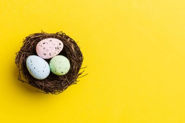 Colorful easter eggs in nest on table background with copy space top view.