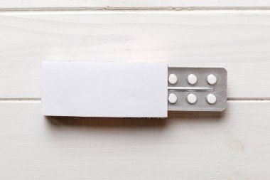 Blank White Product Package Box Mock-up. Open blank medicine drug box with blister top view.