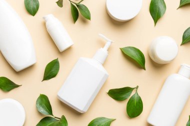 Renkli yeşil yapraklı organik kozmetik ürünler. Düz yatıyordu.