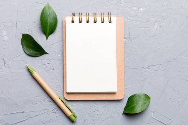 Not için Renkli arkaplan üzerinde kalem ve yeşil yaprak ile çevre dostu boş not defteri.