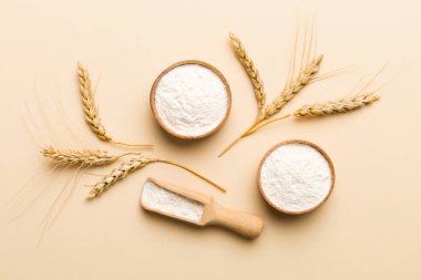 Tahta kasede buğday unu ve renkli arka planda buğday dikenleri. dünya buğday krizi.