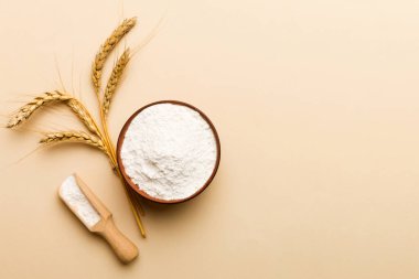 Tahta kasede buğday unu ve renkli arka planda buğday dikenleri. dünya buğday krizi.