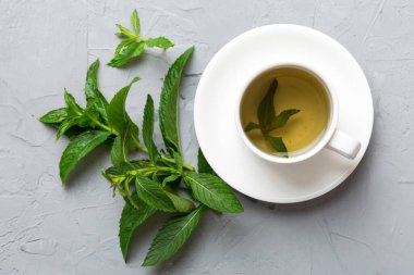 Arka planda bir fincan nane çayı. Fotokopi alanı ile taze nane görünümlü yeşil çay.