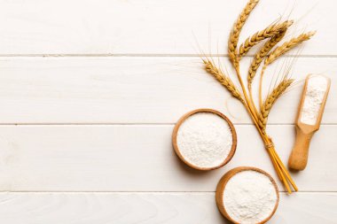 Tahta kasede buğday unu ve renkli arka planda buğday dikenleri. dünya buğday krizi.