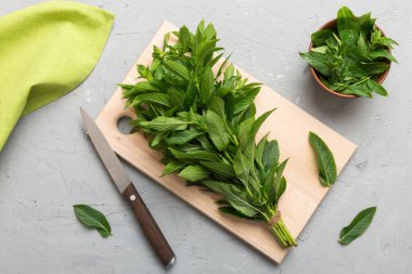 Kesme tahtalarında bir demet taze nane, renkli arkaplan görünümü.