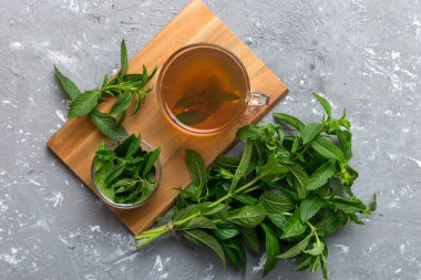 Arka planda bir fincan nane çayı. Fotokopi alanı ile taze nane görünümlü yeşil çay.