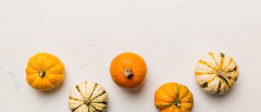 Renkli masa arkasında küçük turuncu balkabaklarının sonbahar kompozisyonu. Sonbahar, Cadılar Bayramı ve Şükran Günü konsepti. Sonbahar düz fotoğraf çekimi. Üst görünüm vith kopyalama alanı.