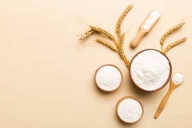 Tahta kasede buğday unu ve renkli arka planda buğday dikenleri. dünya buğday krizi.