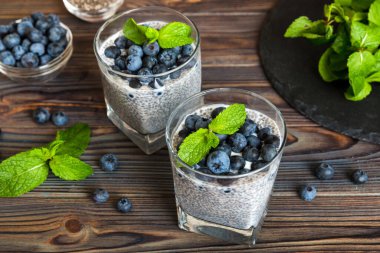 Sağlıklı kahvaltı ve chia tohumlu vanilyalı puding ve böğürtlenli masa arkası, vejetaryen gıda, diyet ve sağlık konsepti. Hindistan cevizi sütü ve yabanmersinli Chia pudingi..