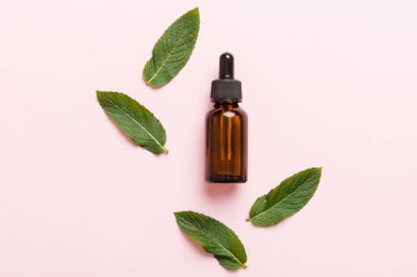 Cam Şişedeki Doğal Nane Özeli Yağı. Renkli arka planda nane özlü bitkisel kozmetik ürünleri.