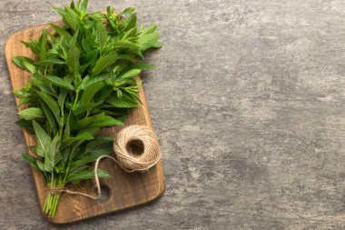 Renkli masada taze nane tomarı. Kopyalama alanı olan üst görünüm.