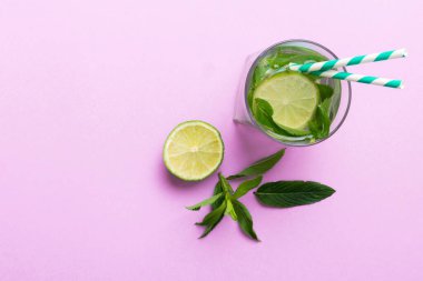 Caipirinha, Mojito kokteyli, limonlu votka veya soda, masa arkasında nane ve saman. Naneli, limonlu, cam manzaralı, ferahlatıcı bir içecek..