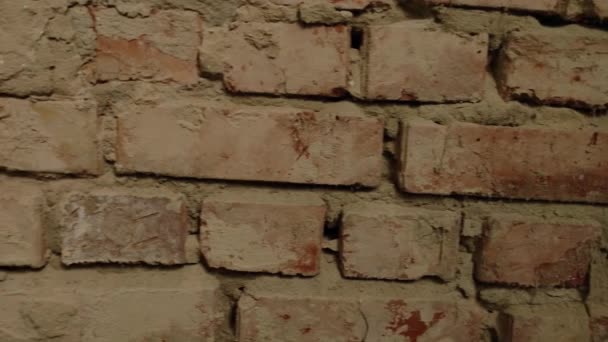 Zřítila Červená Cihlová Zeď Opuštěná Budova Zblízka Detaily Omítka Prasklinami — Stock video
