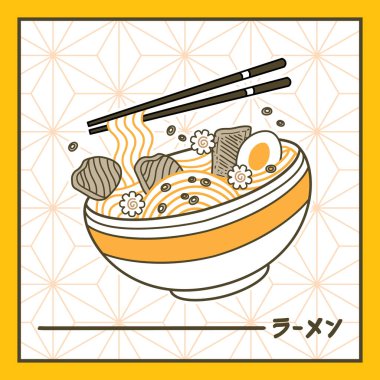 Ramen noodles vektör illüstrasyonu kasede ve yemek çubuğunda antika düz stil. Japon erişte çorbası. Kanji, Ramen demek..