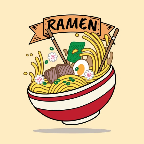 Ramen Noodles Vektör Illüstrasyonu Kasede Yemek Çubuğunda Antika Düz Stil — Stok Vektör