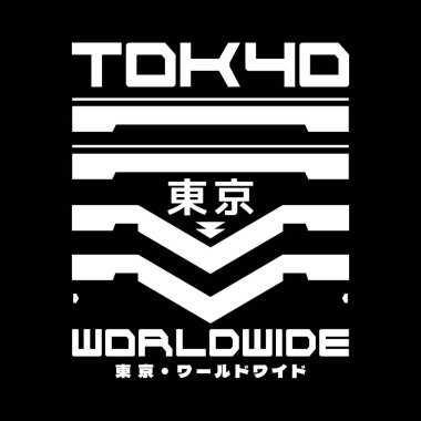 Tokyo Japonya tipografi sloganı y2k tarzı logo vektör çizimi. Kanji, Tokyo Worldwide demek. Yazdır, poster, moda, tişört, çıkartma
