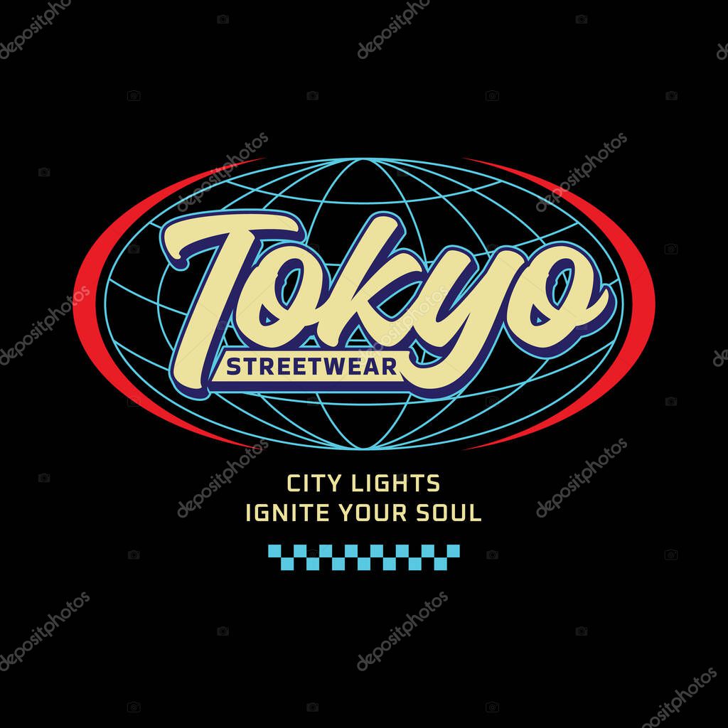 Tokyo japan y2k streetwear t-shirt slogan typography style logo vector icon design illustration. Poster, banner, clothing, slogan shirt, sticker, badge, emblem