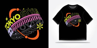 Tokyo japan sokak kıyafetleri tişörtü sloganı y2k, fütürist, gelecek, siber punk, retrofuturizm. Vektör logo tasarım illüstrasyonu. Poster, arkaplan, giysi, çıkartma, rozet, tırnak içinde tişört