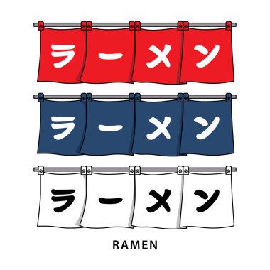 Geleneksel yatay pankart (giriş perdesi) Japon ramen arabası, ev, dükkan vektör tarzı. Kanji çevirisi: Ramen. Çeşitli renk seçenekleri.
