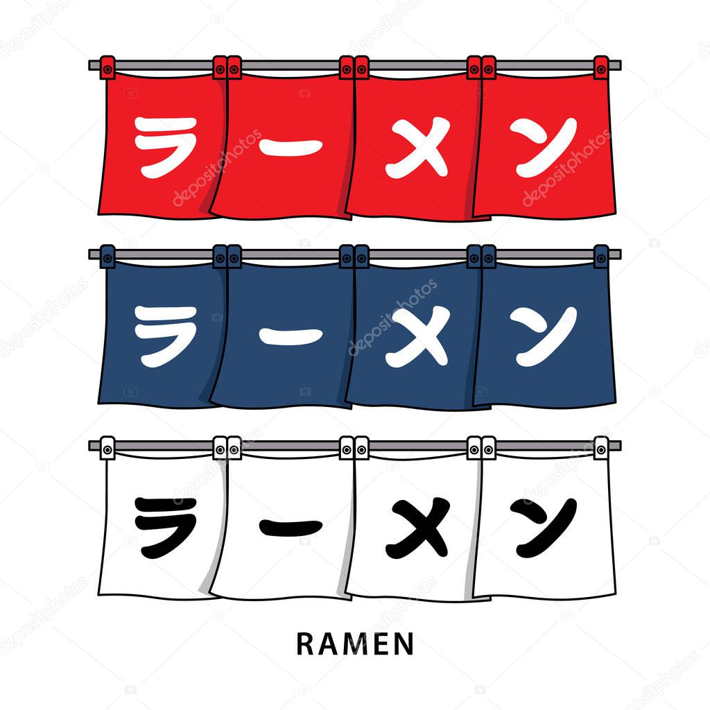 Traditional horizontal banner (entrance curtain) japanese ramen cart, house, shop vector style. Kanji translation : Ramen. In several color option.