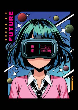 Sanal gerçeklik, gelecek, siber punk ve retrofuturizm temalı kawaii temalı anime kız posteri. Manga tarzı Japon posteri. Tshirt grafik y2k vektör çizimi. Kanji çevirisi Kawaii.