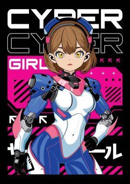 Manga tarzında bir anime kız posteri. Sanal gerçeklik, retro, fütürizm, fütürist, siber punk kavramına sahip Tokyo Japon anime kızı. Japonca y2k vektör illüstrasyonu. Kanji çevirisi Siber Kız