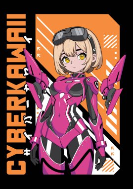 Manga tarzında bir anime kız posteri. Sanal gerçeklik, retro, fütürizm, fütürist, siber punk kavramına sahip Tokyo Japon anime kızı. Japonca y2k vektör illüstrasyonu. Kanji çevirisi Siber Kawaii.