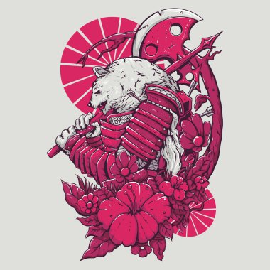 Samuray zırhı içindeki renkli ayı büyük bir balta resmi taşıyor.