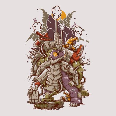 Vector Illustration Renkli Büyük Kaplumbağa Cyborg Silah ve Tank Vintage Illustration ile