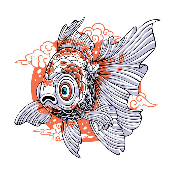 colorful Beautiful chef fish with long fins and tail on circle and clouds background for t shirt design