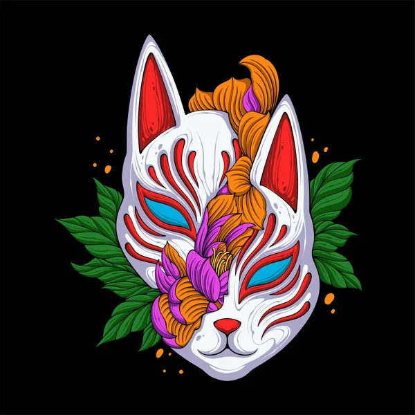 Colorful Japanese Fox Mask Cracked Covered Flowers Leaves Shirt Design — Stock Vector