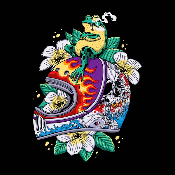 色彩艳丽的复古头盔 头盖骨 科伊鱼和水的形象与吸烟青蛙坐在它的叶子和花卉背景为T恤衫的设计 — 图库矢量图片