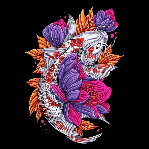 五颜六色的科伊鱼跳了起来 周围都是花和树叶 为T恤衫设计 — 图库矢量图片