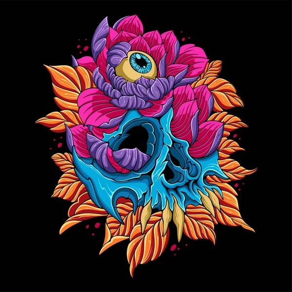 五颜六色的骷髅 周围长着鲜花和树叶 花朵里有一个眼球 用于T恤衫的设计 — 图库矢量图片