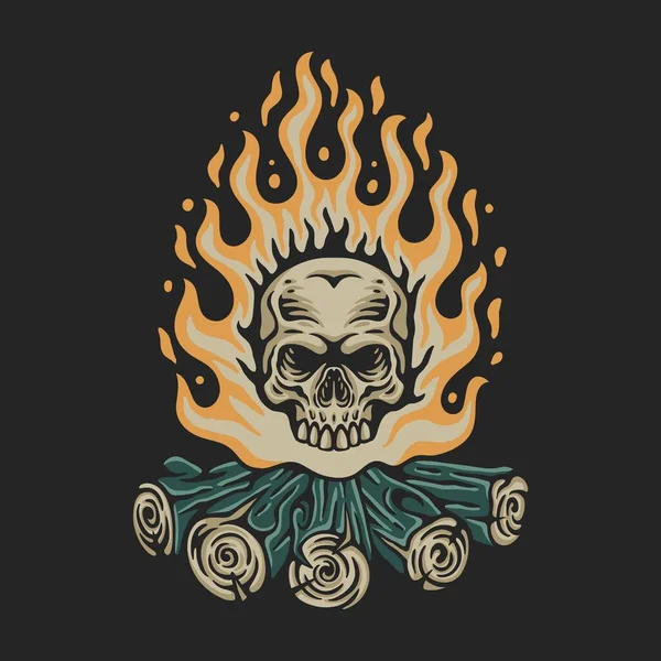 用于T恤衫设计的带有燃烧的火和颅骨的篝火矢量图例 — 图库矢量图片