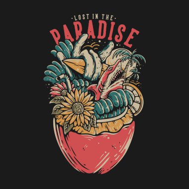 T Shirt Design Lost In The Paradise With Beach Mood On The Coconut Juice Vintage Illustration