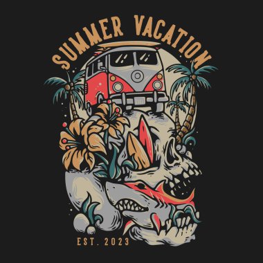 T Shirt Design Summer Vacation Est 2023 With Van Car On On The Skull Vintage Illustration clipart