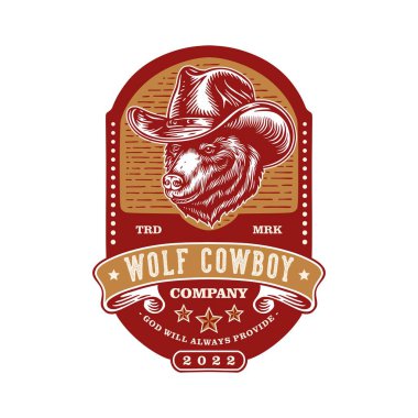 Vintage logo emblem wolf wearing cowboy hat with classic background and layout and some cowboy star badges