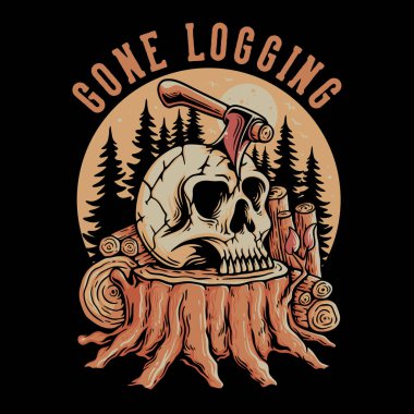 T Shirt Design Gone Logging With Ax Stuck On The Skull Vintage Illustration clipart