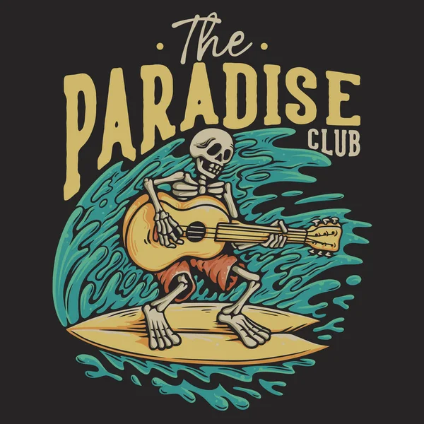 T-Shirt, sörf tahtasında gitar çalan İskelet 'li Cennet Kulübü' nü tasarladı.