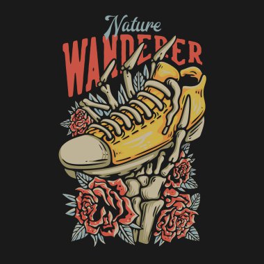 T Shirt Design Nature Wanderer With Skeleton Hand Holding A Shoe Vintage Illustration